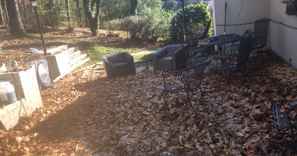 Before image of a patio covered in leaves